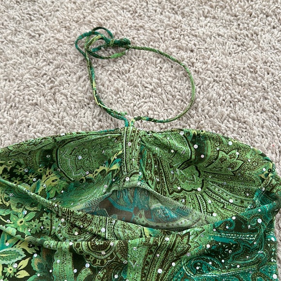 Green pattern w/ sequins all over bottom as symmetrical flowing halter sundress - Picture 8 of 10